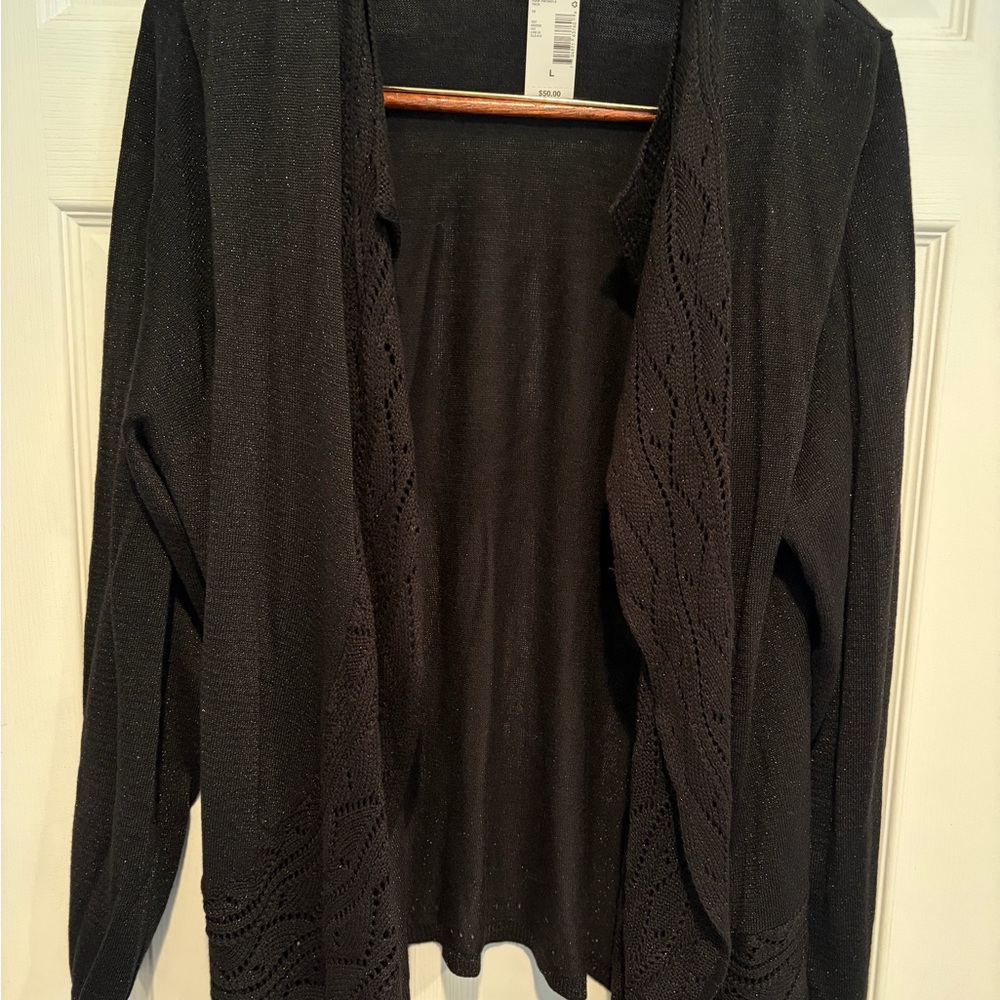 Notations Womens XL Black Metallic Open Cardigan Crochet Boho Light Sweater